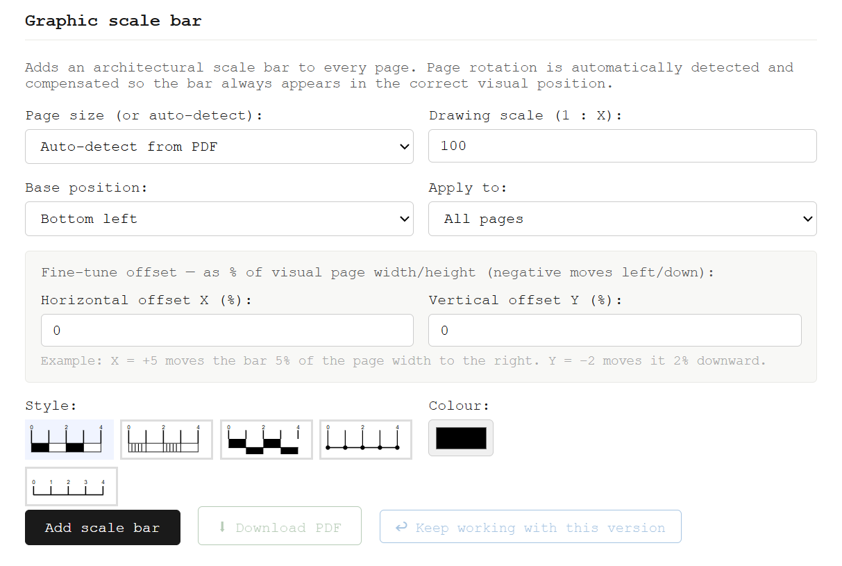 Scale bar controls showing scale dropdown set to 1:100 with auto-computed bar length