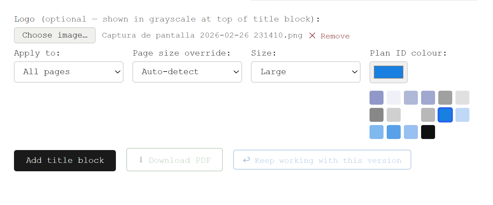 Options row showing size selector, plan ID colour picker and colour swatches
