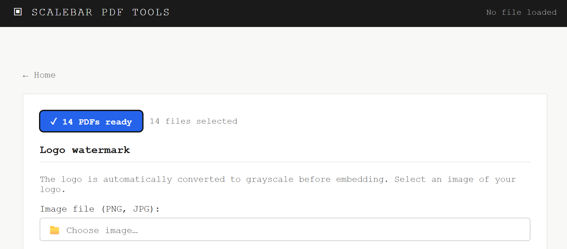 Logo watermark tool panel with multiple PDFs loaded and a logo file selected