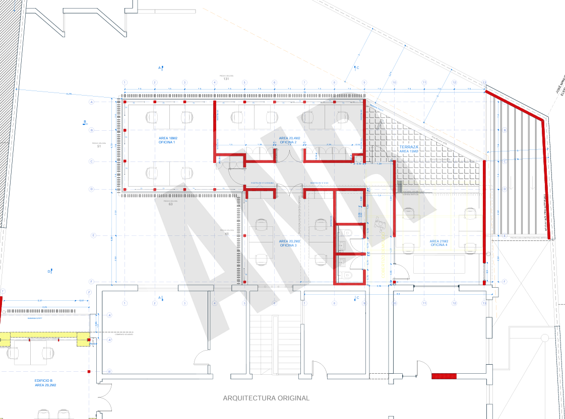 Architectural drawing with a grayscale studio logo stamped diagonally across the sheet